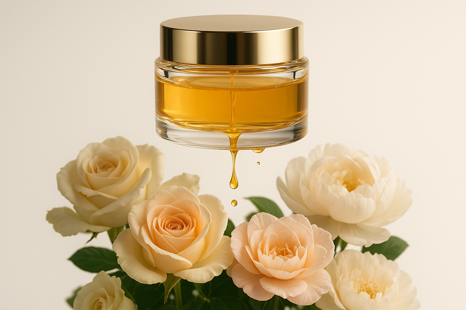SKIN CARE JAR WITH LIQUID DRIPPING INTO FLOWERS